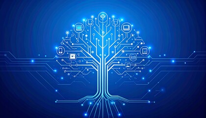 A vibrant design portrays a technology tree, showcasing interconnected electronic devices against a deep blue backdrop.