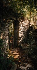 Sunlit stone gateway, overgrown with foliage
