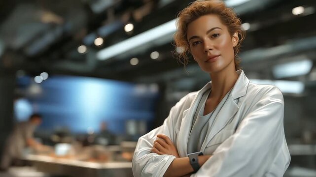 Middle-aged scientist testing wearable sensor in research lab