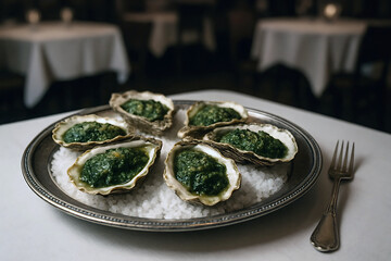 1920s Oysters Rockefeller on silver platter with fork