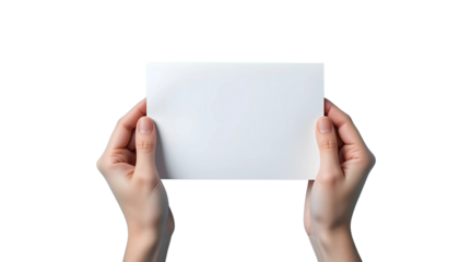 Two hands holding a blank white horizontal card with copy space on a transparent background, an ideal mockup for displaying messages, invitations, or custom designs.