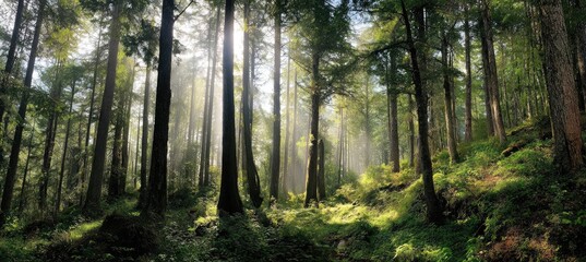 Obraz premium Sunlight streams through a dense forest