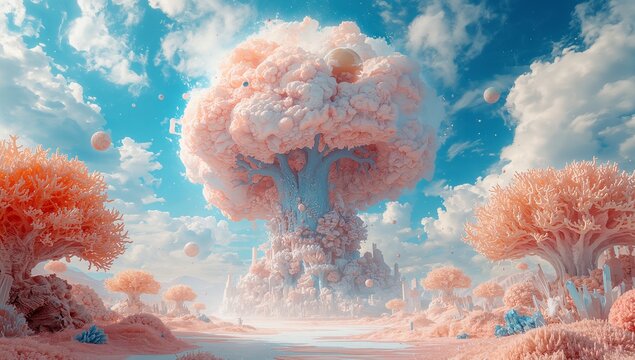 Fantasy digital painting of dreamy cloud city and soft sky