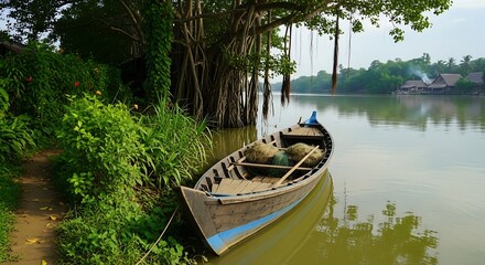 Obraz premium Idyllic waterway scene featuring a classic boat on calm waters alongside lush greenery and a peaceful atmosphere.