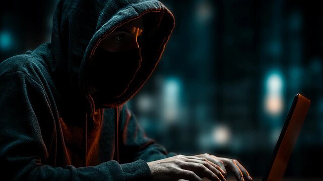 Mysterious figure in dark hoodie focused on laptop, embodying cyber security and digital threat defense strategies in tense atmosphere