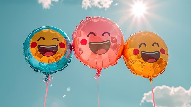 Cheerful emoji balloons floating against a bright blue sunny sky with clouds