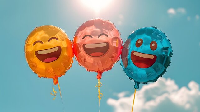 Three happy emoji balloons floating against a bright blue sunny sky background