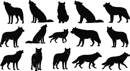 Silhouettes of wolves in various poses, standing, walking, howling, sitting, black wolf shape illustration, wild animal, predator, nature, wildlife, forest symbol, hunting behavior.