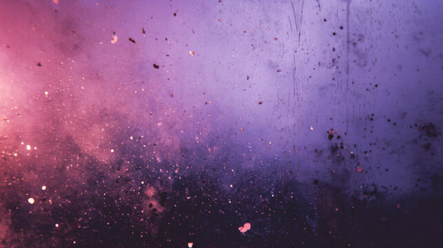 Dreamy blend of deep purple and pink hues creates cosmic atmosphere with scattered light leaks and speckles, evoking sense of wonder and mystery