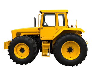 Obraz premium Side Profile of Yellow Farm Tractor with Massive Treads, Angled Perspective, Isolated PNG