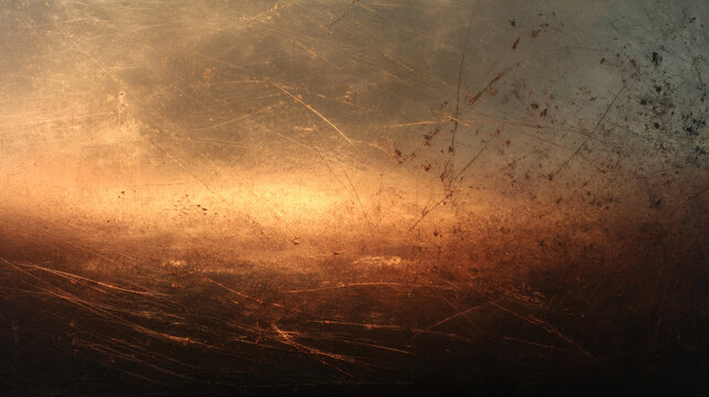 Textured surface with muted copper gradient dissolving into warm brass tones, featuring scratches and rustic appearance, evokes sense of aged elegance