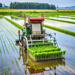 Fototapeta premium Tractor planting rice seedlings in a flooded paddy field with green landscape