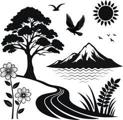 Bundle of 6 nature-inspired black silhouettes, tree, mountain, river wave, sun, bird, flower, isolated on white background, solid black fill, vector-ready.