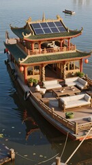 Fototapeta premium Traditional Chinese-style houseboat with solar panels and outdoor seating on calm water