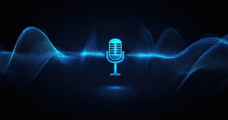 Blue microphone icon amidst audio waves