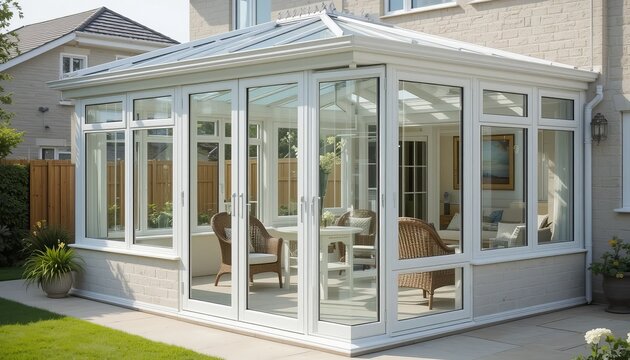 Contemporary White UPVC Conservatory with Glass Panels and Garden View