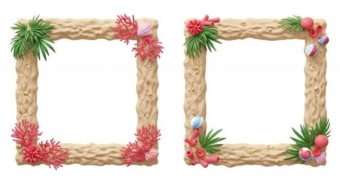 Beige square picture frames with coral decor