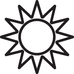 Black outline sun symbol with sharp rays and circular center on white background icon