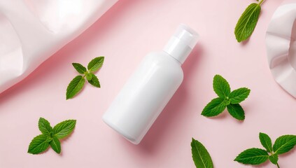 White plastic bottle with mint leaves on pastel pink background