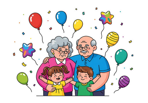 Happy Grandparents Day illustration, celebrating grandparents with grandchildren, showing love and affection - Powered by Adobe