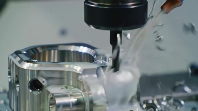 Metal part being machined by a CNC milling machine with coolant