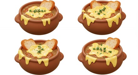 Four bowls of creamy french onion soup