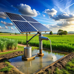 Solar powered water pump in a green field with cloudy blue sky