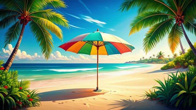 Beach scene with umbrella and palm trees