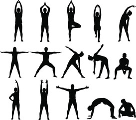 Yoga and stretching silhouettes, fitness poses, meditation, flexibility, balance, wellness, healthy lifestyle, exercise, mindfulness, relaxation, body movement vector illustration.
