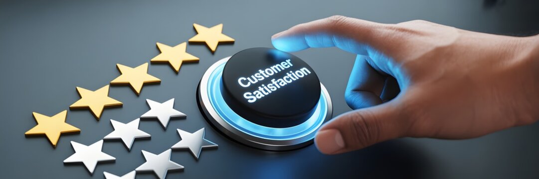 Customer Satisfaction: A hand presses a button labeled Customer Satisfaction, surrounded by golden stars, signifying the commitment to excellence and customer happiness.