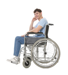 Obraz premium Happy young man in modern wheelchair on white background