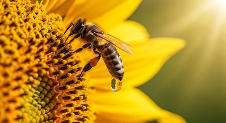 Close up of honey bee collecting nectar from bright yellow sunflower in summer sunshine