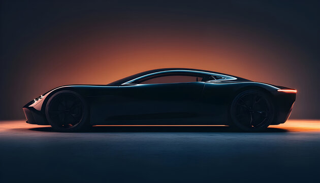 Minimalist luxury sports car silhouette, side view, sleek black glossy finish, futuristic lighting