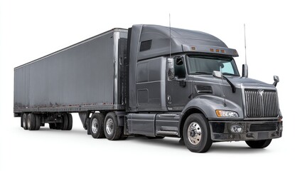 Gray semi-truck, full-length view, against white background.  Modern, commercial vehicle