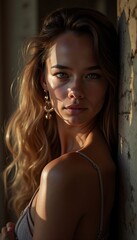Fototapeta premium Woman Leaning Against Wall with Sunlight and Jewelry