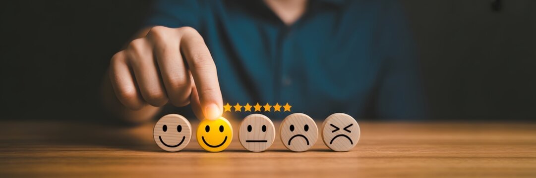 Customer experience rating concept: the index finger touches the smiley face, selecting the best choice among all feedback evaluation.