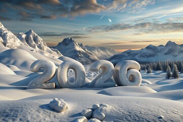 Winter wonderland with 2016 ice sculpture in snowy mountains