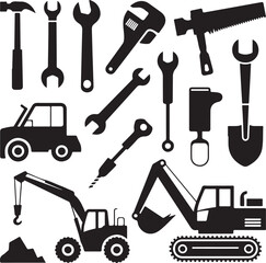 Black Vector Silhouettes of Tools and Construction Equipment Clean Design