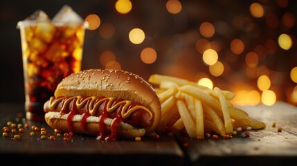 Hotdog, fries and cold cola drink illuminated by gentle, glowing background lights