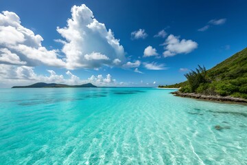 Fototapeta premium Turquoise tropical ocean waters under a bright blue sky with fluffy clouds