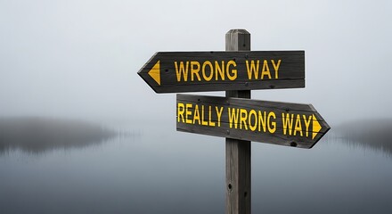 Humorous Signpost Indicating Wrong Direction with Foggy Background for Business Concept Ideas