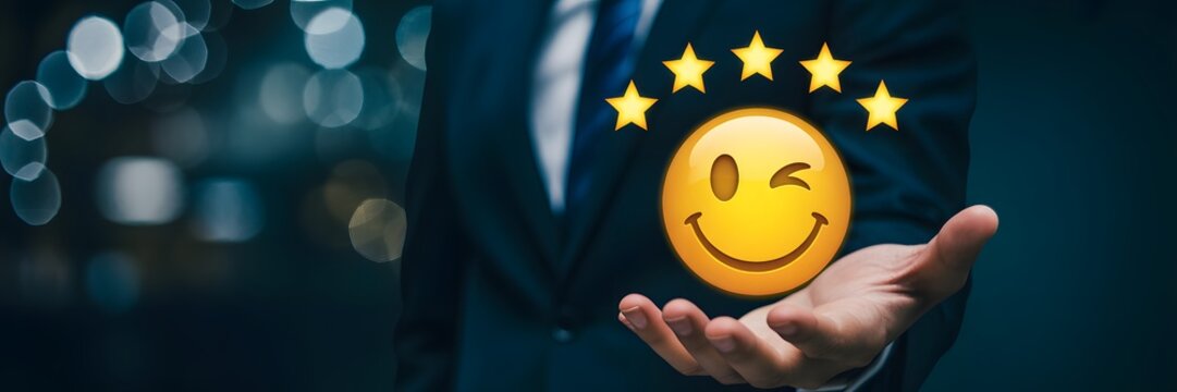 Customer Satisfaction: A symbol of customer happiness is held in a person's palm, surrounded by stars, reflecting their positive service experience. A concept representing client satisfaction. 