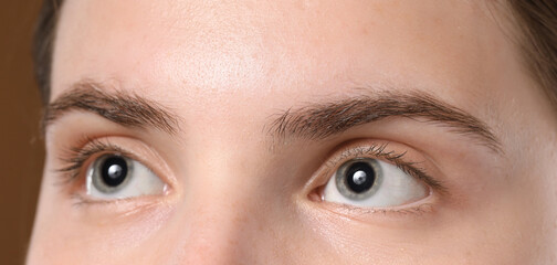 Naklejka premium Young woman with beautiful eyebrows on brown background, closeup