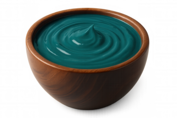 Wooden bowl containing a smooth, swirling teal substance, isolated on a transparent background, perfect for food, cosmetic, or paint-related projects