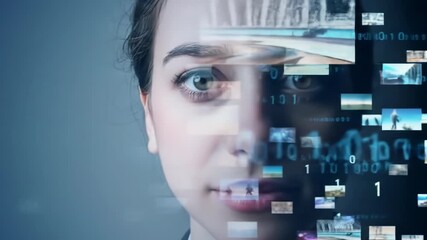 Woman's face overlaid with many small images and binary code - Powered by Adobe