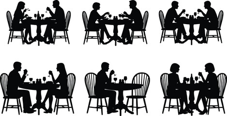 PrintSilhouette people dining at restaurant, couples and friends sharing food, drinking wine, enjoying dinner, social conversation, black vector, romantic and casual scene
