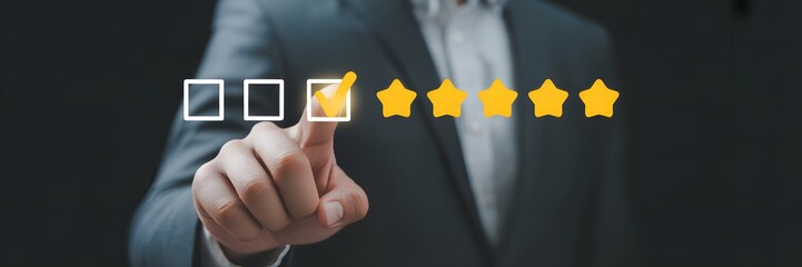 Client Feedback Rating: A person in a formal suit clicks a digital survey displaying star ratings. Highlighting the importance of customer satisfaction and quality review.