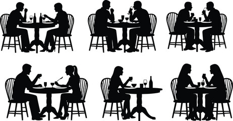 PrintSilhouette vector illustration of couples dining at round tables, eating, drinking, and talking, depicting restaurant date, romance, love, social interaction sceneSilhouette vector illustration