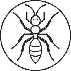 Black and white outline drawing of an ant on a line