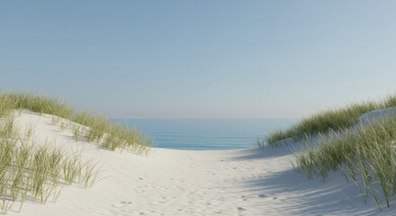 Serene beach landscape with a white sand path winding through grassy dunes towards the calm blue sea on a sunny day